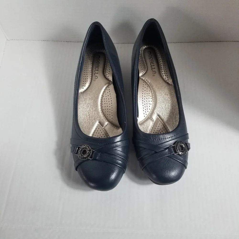 MARBELLA BLUE SLIP-ONS SIZE 7.5 M WITH SMALL WEDGE